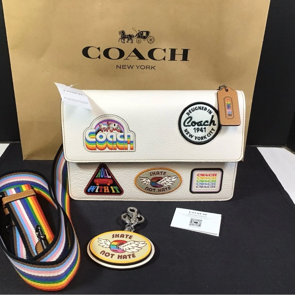 COACH Turner Flap Crossbody Patches Chalk Multi Color Rainbow Pride Keychain New - Picture 1 of 11